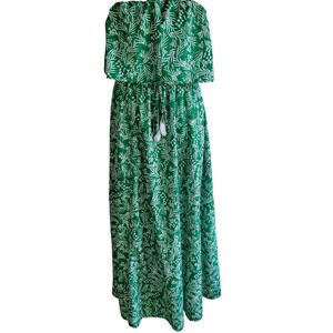 Womens Green Leaf Print Strapless Ruffle Drawstring Long Maxi Dress Size Large